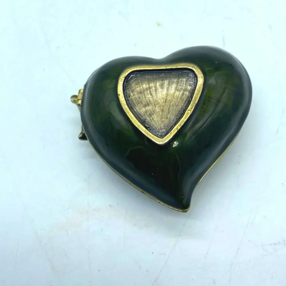 Green Heart‎ Shaped Trinket Box Dragonflies and Flower Enameled Rhinestones